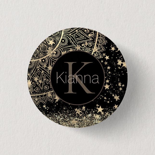 Lotus Mandala mit Gold Monogram Personalisiert Button (Vorderseite)