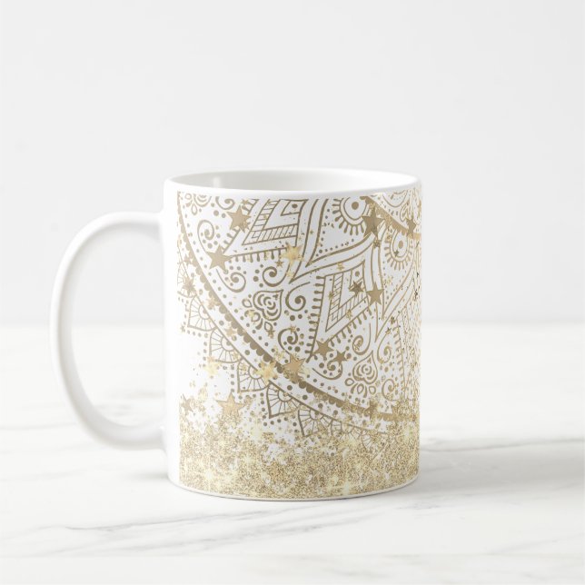 Lotus Mandala mit Gold Stars Glitzer auf Weiß Kaffeetasse (Links)