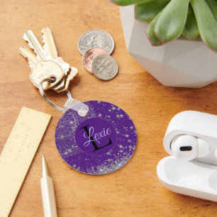 Lotus Mandala mit Silver Stars auf Lila Custom Schlüsselanhänger