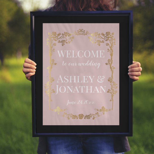 Lotus Pink und Gold Rose Frame Wedding Willkommen Poster (Von Creator hochgeladen)