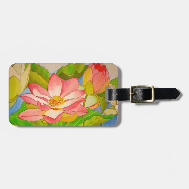 Lotus pink Wasserlilie Aquarellmalerei Gepäckanhänger (Vorderseite horizontal)