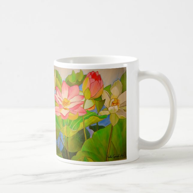 Lotus pink Wasserlilie Aquarellmalerei Kaffeetasse (Rechts)
