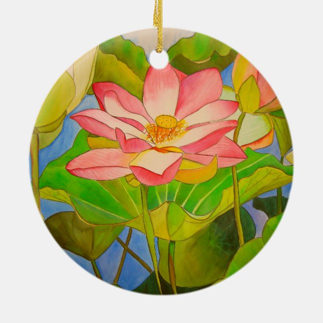 Lotus pink Wasserlilie Aquarellmalerei Keramikornament (Hinten)