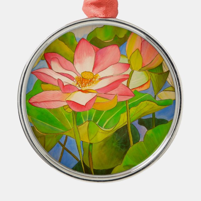 Lotus pink Wasserlilie Aquarellmalerei Ornament Aus Metall (Vorne)