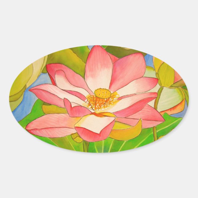 Lotus pink Wasserlilie Aquarellmalerei Ovaler Aufkleber (Vorderseite)