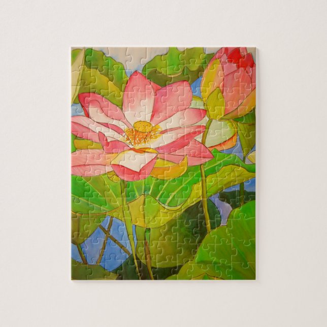 Lotus pink Wasserlilie Aquarellmalerei Puzzle (Vertikal)