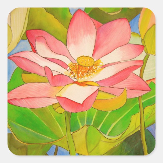 Lotus pink Wasserlilie Aquarellmalerei Quadratischer Aufkleber (Vorderseite)