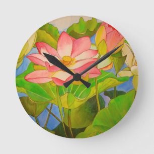 Lotus pink Wasserlilie Aquarellmalerei Runde Wanduhr