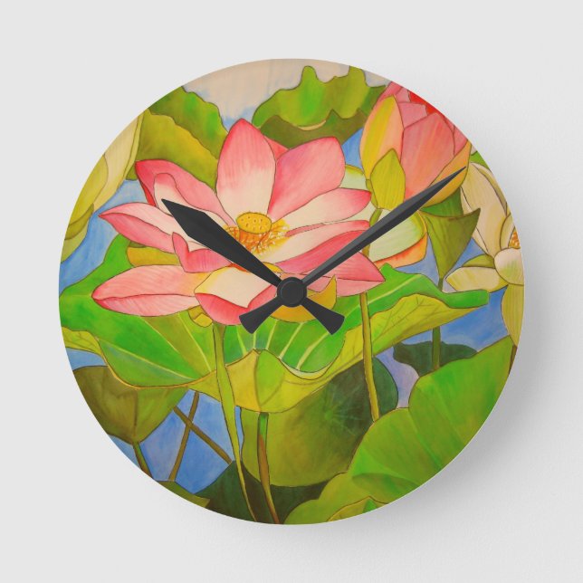 Lotus pink Wasserlilie Aquarellmalerei Runde Wanduhr (Vorderseite)