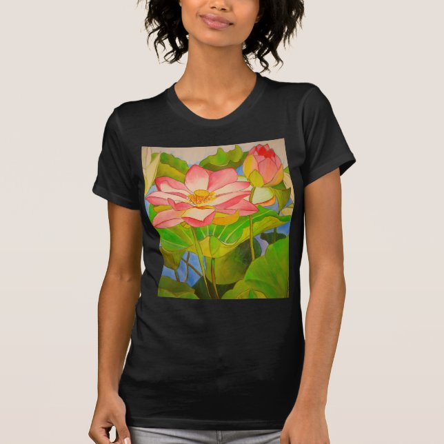Lotus pink Wasserlilie Aquarellmalerei T-Shirt (Vorderseite)