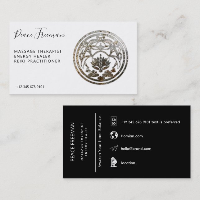Lotus-Stillness | Silber-Mandala-Design Visitenkarte (Vorne/Hinten)