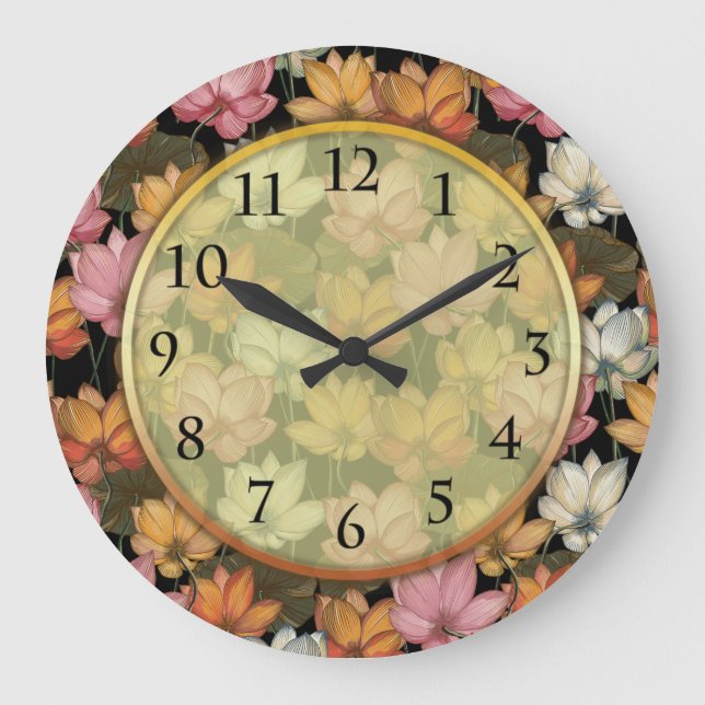 Lotus Water Lilies Pink Yellow Green Floral Große Wanduhr (Vorderseite)