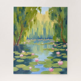 Lotusblüten Teich | Grüne Aquarell-Natur Puzzle