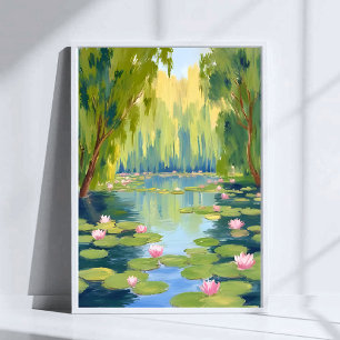 Lotusblüten Teich Grüne Wasserfarbe Natur Poster