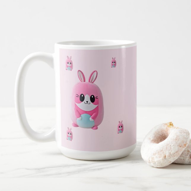 "Lou Lou" Eine kuschelige, rosa Kreatur. Kaffeetasse (Mit Donut)