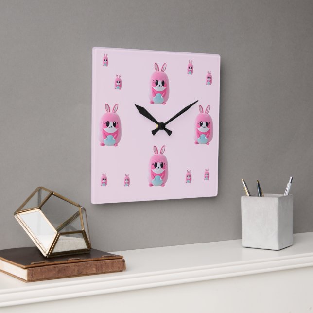 "Lou Lou" Eine kuschelige, rosa Kreatur. Quadratische Wanduhr (Büro)