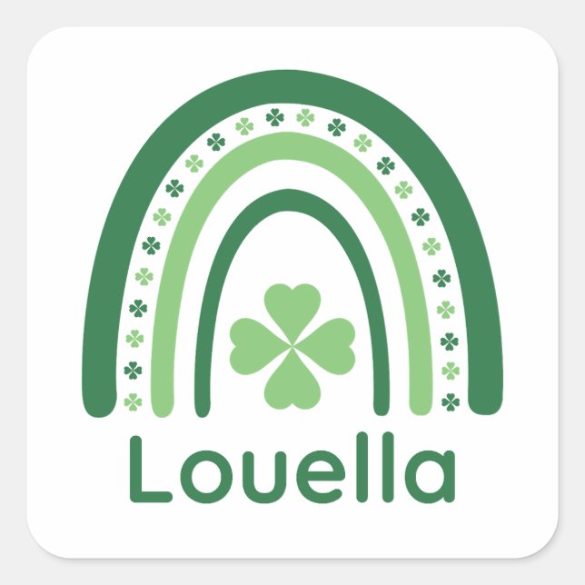 Louella Name Clover Boho Rainbow Quadratischer Aufkleber (Vorderseite)
