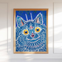 Louis Wain Psychedelic Blue Cat Painting Vintag