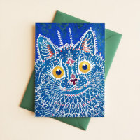 Louis Wain Psychedelic Blue Cat Painting Vintag