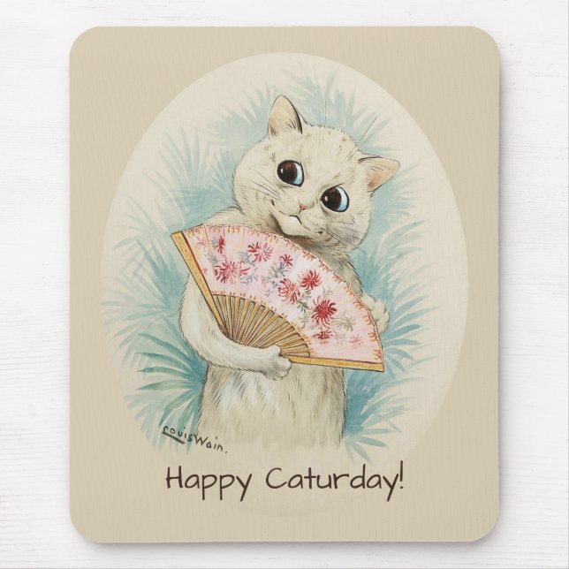 Louis Wain White cat mit einem Fan CC0074 Mousepad (Vorne)