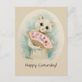 Louis Wain White cat mit einem Fan Happy Caturday Postkarte