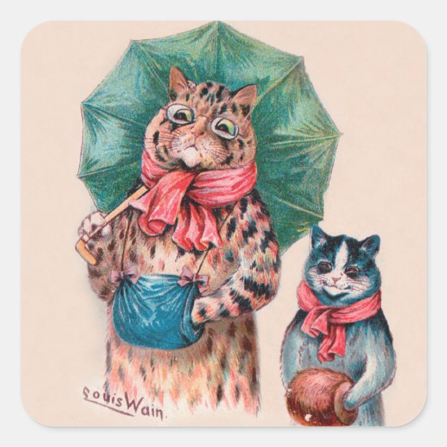 Louis Wains Katze und Kitten mit Regenschirmen Quadratischer Aufkleber (Vorderseite)