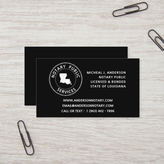 Louisiana Notare Public Services Visitenkarte (Vorderseite/Rückseite Beispiel)