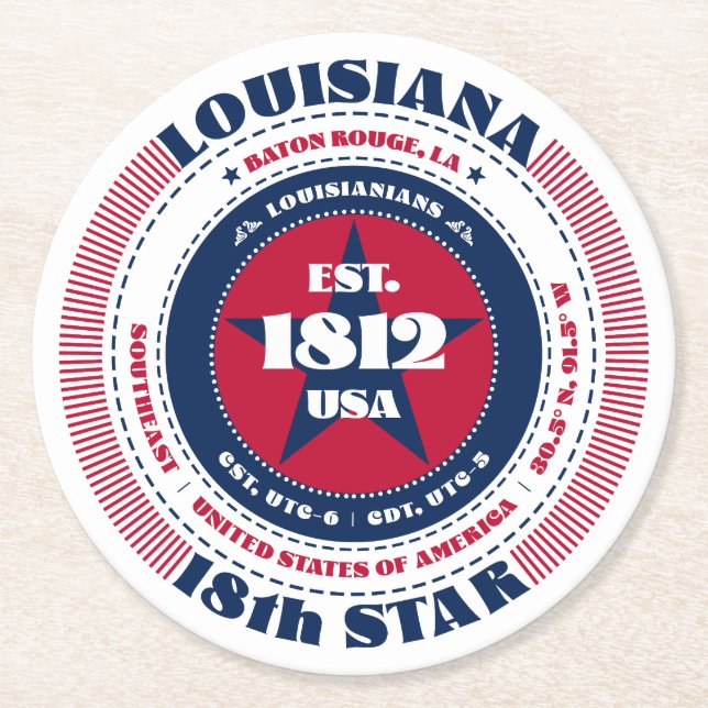 Louisiana Red White Blue Typografie Runder Pappuntersetzer (Vorderseite)