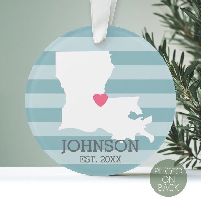 Louisiana Zuhause Staat Map - Custom Wedding City Ornament (Personalized Photo Ornament with a State Design on the Front and Photo on the Back)