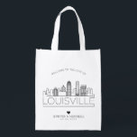 Louisville, Kentucky Wedding | Stilisierte Skyline Wiederverwendbare Einkaufstasche<br><div class="desc">Eine einzigartige Hochzeitstasche für eine Hochzeit in der schönen Stadt Louisville,  Kentucky.  Diese Tasche zeigt die einzigartige Skyline der Stadt mit ihrem Namen darunter.  Anschließend erhalten Sie Informationen zu Ihrem Hochzeitstag in einem passenden,  offenen Stil.</div>