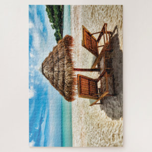 Lounge chairs on beach throw pillow puzzle