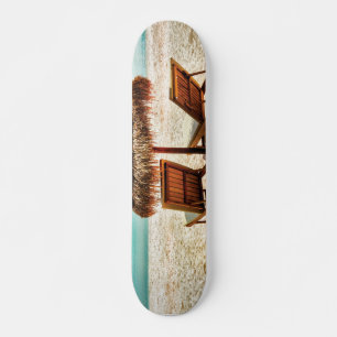 Lounge chairs on beach throw pillow skateboard