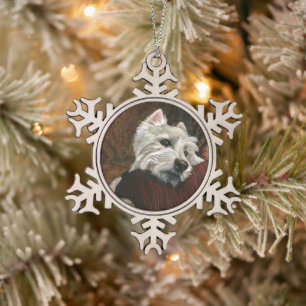 Lounging Westie auf Sofa Schneeflocken Zinn-Ornament