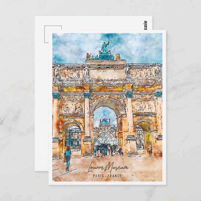 Louvre Paris Frankreich Reisen Place Watercolor Postkarte (Vorne/Hinten)