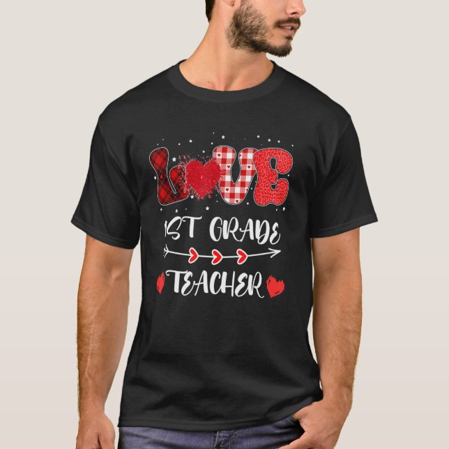 Love 1st Grade Teacher Heart Leopard Buffalo Plaid T-Shirt (Vorderseite)