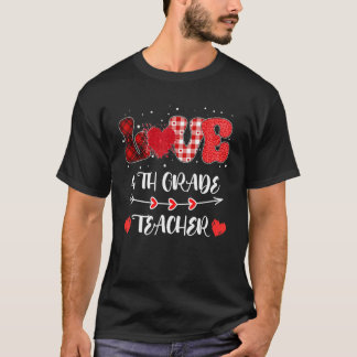 Love 4th Grade Teacher Heart Leopard Buffalo Plaid T-Shirt