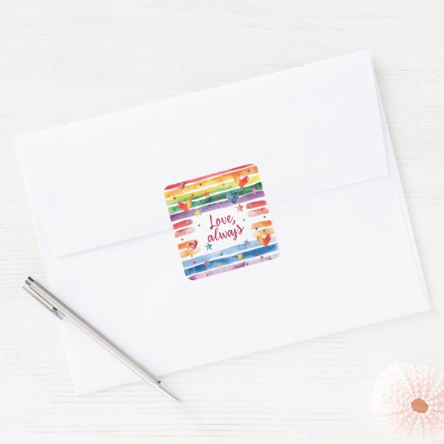 Love Always Rainbow Sticker, Watercolor Heart Quadratischer Aufkleber (Umschlag)