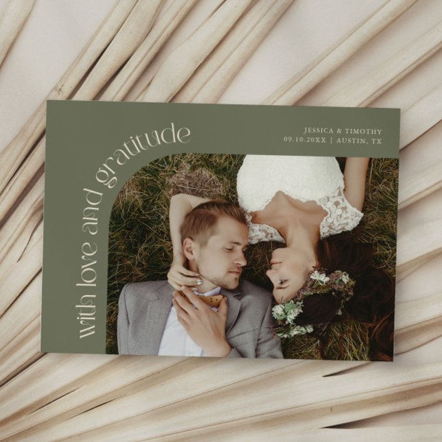 Love and Gratitude Sage Green Wedding Photo Dankeskarte (Von Creator hochgeladen)