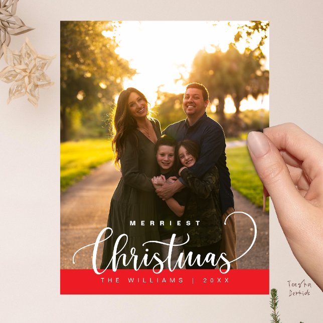 Love and Joy, Merry Christmas Family Photo Postkarte (Love and Joy, Merry Christmas Family Photo Modern Cute Typography Postcard in Bright Red)