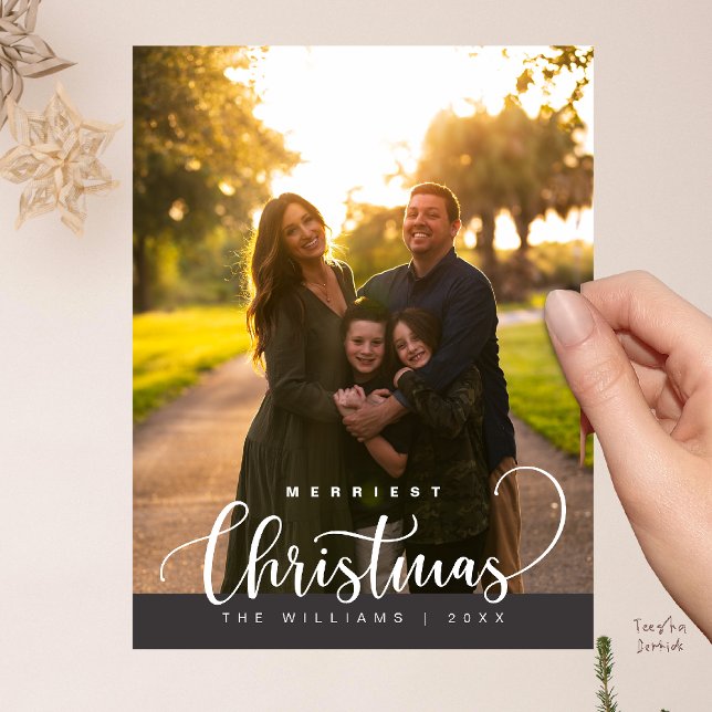 Love and Joy, Merry Christmas Family Photo Postkarte (Love and Joy, Merry Christmas Family Photo Modern Cute Typography Postcard in Charcoal Grey)