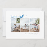 Love and Light Modern Minimalist Hanukkah Foto Feiertagskarte<br><div class="desc">Modern minimalist typography design "Love & Light" Hanukkah foto card. Feature,  drei vertikale Foto-Spaces,  Blue "Love & Light" script and coordinating blue color backing. Template text lines for family name on front,  message and names on back.</div>