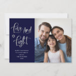 Love and Light Navy and Silver Hanukkah Foto Feiertagskarte<br><div class="desc">This simple and stylish navy blue colored Happy Hanukkah foto card feys modern silver look handwritten script that says "Love and Light",  and the Star of David,  with your favorite personal foto.</div>