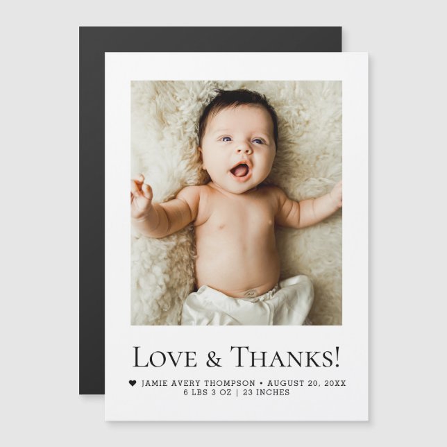 Love and Thanks Baby Photo Birth announcement Magnetkarte (Vorne/Hinten)