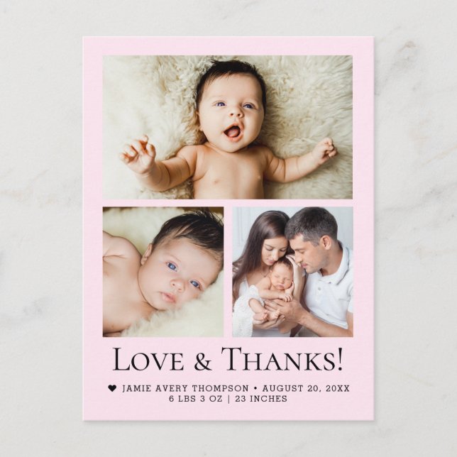Love and Thanks Baby Photo Birth announcement pink Postkarte (Vorderseite)