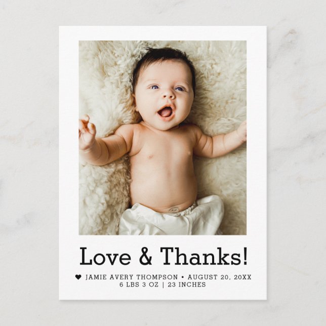 Love and Thanks Baby Photo Birth announcement Postkarte (Vorderseite)