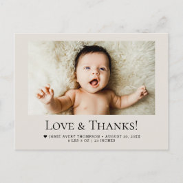 Love and Thanks Baby Photo Birth Stats Soft Beige Postkarte