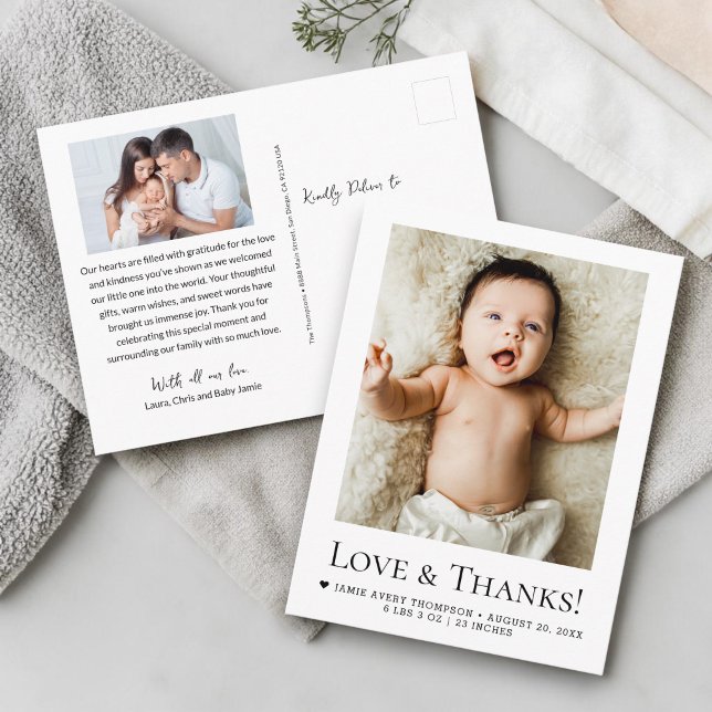 Love and Thanks Baby Photos Birth announcement Postkarte (Editable text and photos Custom baby shower, thank you Love and Thanks birth announcement card.)