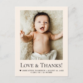 Love and Thanks Beige Baby Photo Birth Postkarte