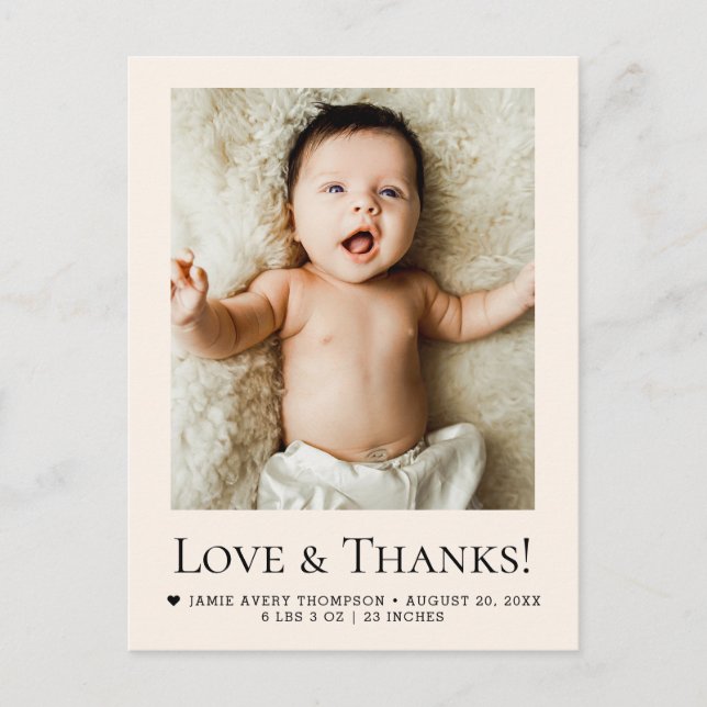 Love and Thanks Beige Baby Photo Birth Postkarte (Vorderseite)