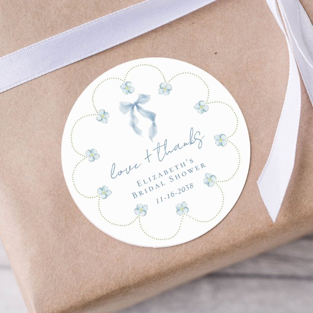 Love And Thanks Blue Bow Bridal Shower Thank You Runder Aufkleber (Love And Thanks Blue Bow Bridal Shower Thank You Classic Round Sticker)